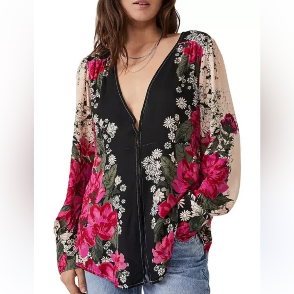 Free People Black and Pink Floral Blouse